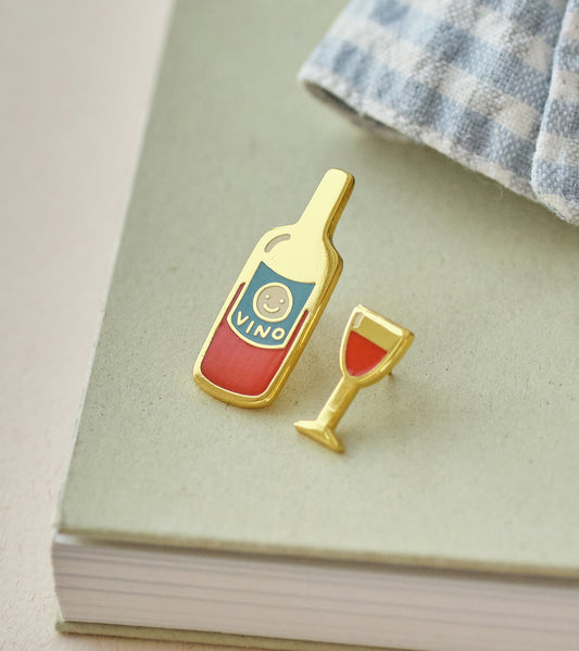 Red Wine and Glass Enamel Pin Set